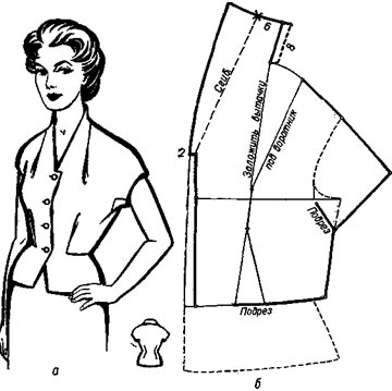 Блуза: а —с фантазийным воротником и подрезом по линии талии; б — разработка выкройки блузы 