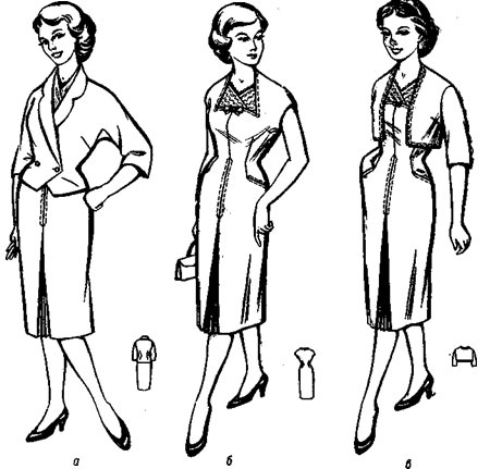 Общий вид: а — платья-костюма с цельнокроенным полукоротким рукавом легкой формы; 6 — летнего платья цельнокроенного по линии талии; в — платья с кофточкой фигаро